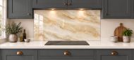 Ivory Onyx Effect Glass Splashback as a wide panel under the cooker hood in a charcoal shaker kitchen