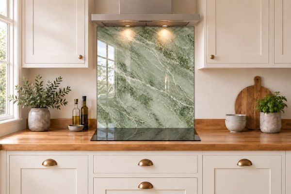 Sage Green Marble Effect Glass Splashback as a hob-width panel in a white shaker kitchen