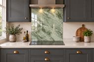 Sage Green Marble Effect Glass Splashback as a hob-width panel in a charcoal shaker kitchen