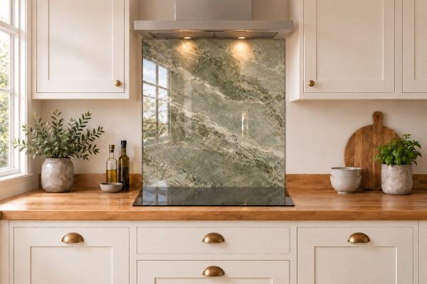 Olive Stone Effect Glass Splashback as a hob-width panel in a white shaker kitchen