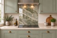 Olive Stone Effect Glass Splashback as a hob-width panel in a sage shaker kitchen