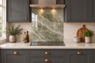 Olive Stone Effect Glass Splashback as a hob-width panel in a charcoal shaker kitchen