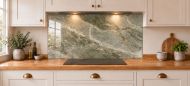 Olive Stone Effect Glass Splashback as a wide panel under the cooker hood in a white shaker kitchen