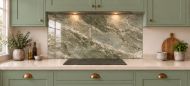 Olive Stone Effect Glass Splashback as a wide panel under the cooker hood in a sage shaker kitchen