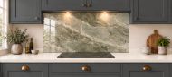 Olive Stone Effect Glass Splashback as a wide panel under the cooker hood in a charcoal shaker kitchen