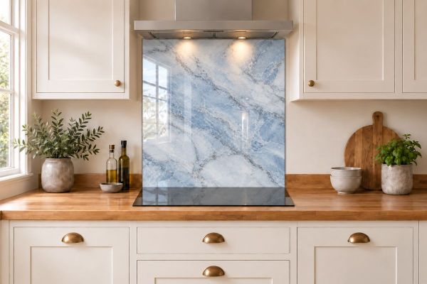 Mist Blue Marble Effect Glass Splashback as a hob-width panel in a white shaker kitchen