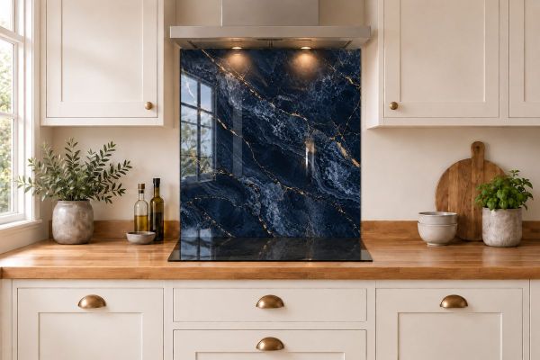 Navy & Gold Marble Effect Glass Splashback as a hob-width panel in a white shaker kitchen