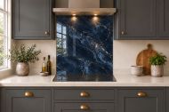 Navy & Gold Marble Effect Glass Splashback as a hob-width panel in a charcoal shaker kitchen
