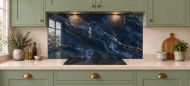 Navy & Gold Marble Effect Glass Splashback as a wide panel under the cooker hood in a sage shaker kitchen