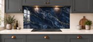 Navy & Gold Marble Effect Glass Splashback as a wide panel under the cooker hood in a charcoal shaker kitchen