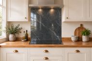 Charcoal & Silver Marble Effect Glass Splashback as a hob-width panel in a white shaker kitchen