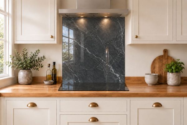 Charcoal & Silver Marble Effect Glass Splashback as a hob-width panel in a white shaker kitchen