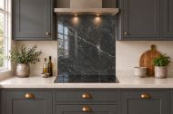 Charcoal & Silver Marble Effect Glass Splashback as a hob-width panel in a charcoal shaker kitchen