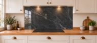 Charcoal & Silver Marble Effect Glass Splashback as a wide panel under the cooker hood in a white shaker kitchen