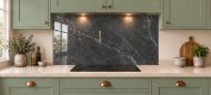 Charcoal & Silver Marble Effect Glass Splashback as a wide panel under the cooker hood in a sage shaker kitchen