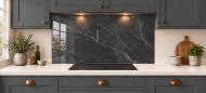 Charcoal & Silver Marble Effect Glass Splashback as a wide panel under the cooker hood in a charcoal shaker kitchen