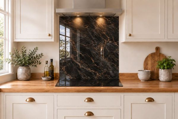 Black & Bronze Marble Effect Glass Splashback as a hob-width panel in a white shaker kitchen