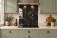Black & Bronze Marble Effect Glass Splashback as a hob-width panel in a sage shaker kitchen