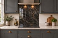 Black & Bronze Marble Effect Glass Splashback as a hob-width panel in a charcoal shaker kitchen