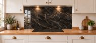 Black & Bronze Marble Effect Glass Splashback as a wide panel under the cooker hood in a white shaker kitchen