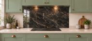 Black & Bronze Marble Effect Glass Splashback as a wide panel under the cooker hood in a sage shaker kitchen
