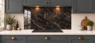 Black & Bronze Marble Effect Glass Splashback as a wide panel under the cooker hood in a charcoal shaker kitchen