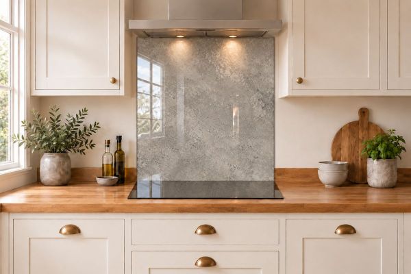 Warm Grey Concrete Effect Glass Splashback as a hob-width panel in a white shaker kitchen