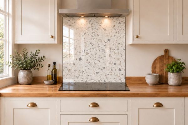 Ivory Terrazzo Effect Glass Splashback as a hob-width panel in a white shaker kitchen