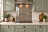 Taupe Slate Effect Glass Splashback as a hob-width panel in a sage shaker kitchen