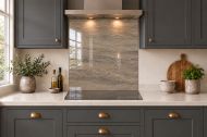 Taupe Slate Effect Glass Splashback as a hob-width panel in a charcoal shaker kitchen