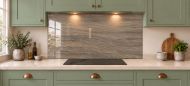 Taupe Slate Effect Glass Splashback as a wide panel under the cooker hood in a sage shaker kitchen
