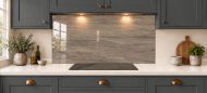 Taupe Slate Effect Glass Splashback as a wide panel under the cooker hood in a charcoal shaker kitchen