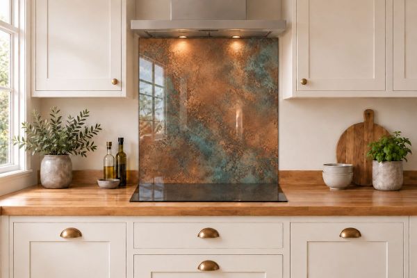 Soft Copper Patina Effect Glass Splashback as a hob-width panel in a white shaker kitchen