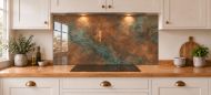Soft Copper Patina Effect Glass Splashback as a wide panel under the cooker hood in a white shaker kitchen