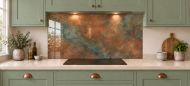 Soft Copper Patina Effect Glass Splashback as a wide panel under the cooker hood in a sage shaker kitchen