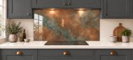 Soft Copper Patina Effect Glass Splashback as a wide panel under the cooker hood in a charcoal shaker kitchen