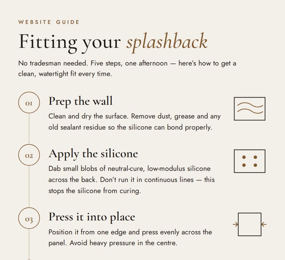 How to fit a glass splashback: 1 prep the wall, 2 apply the silicone in blobs, 3 press it into place